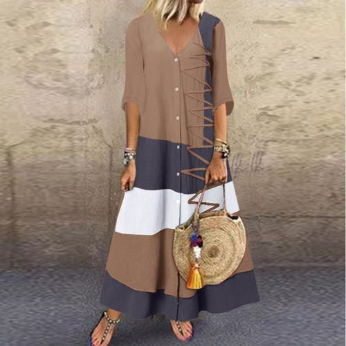Robe Longue Rayée Chic À Boutons Et Manches Longues Pour Femme
