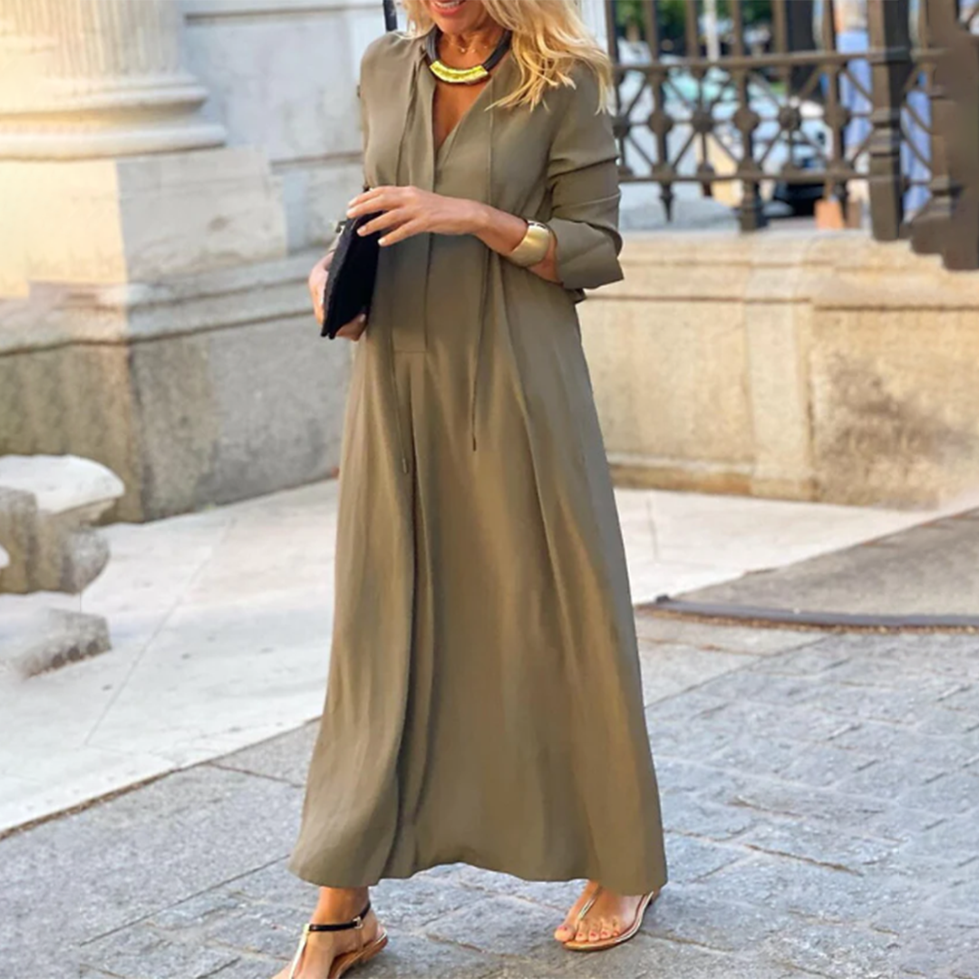 Robe Longue Chic Élégante à Manches Longues et Col V