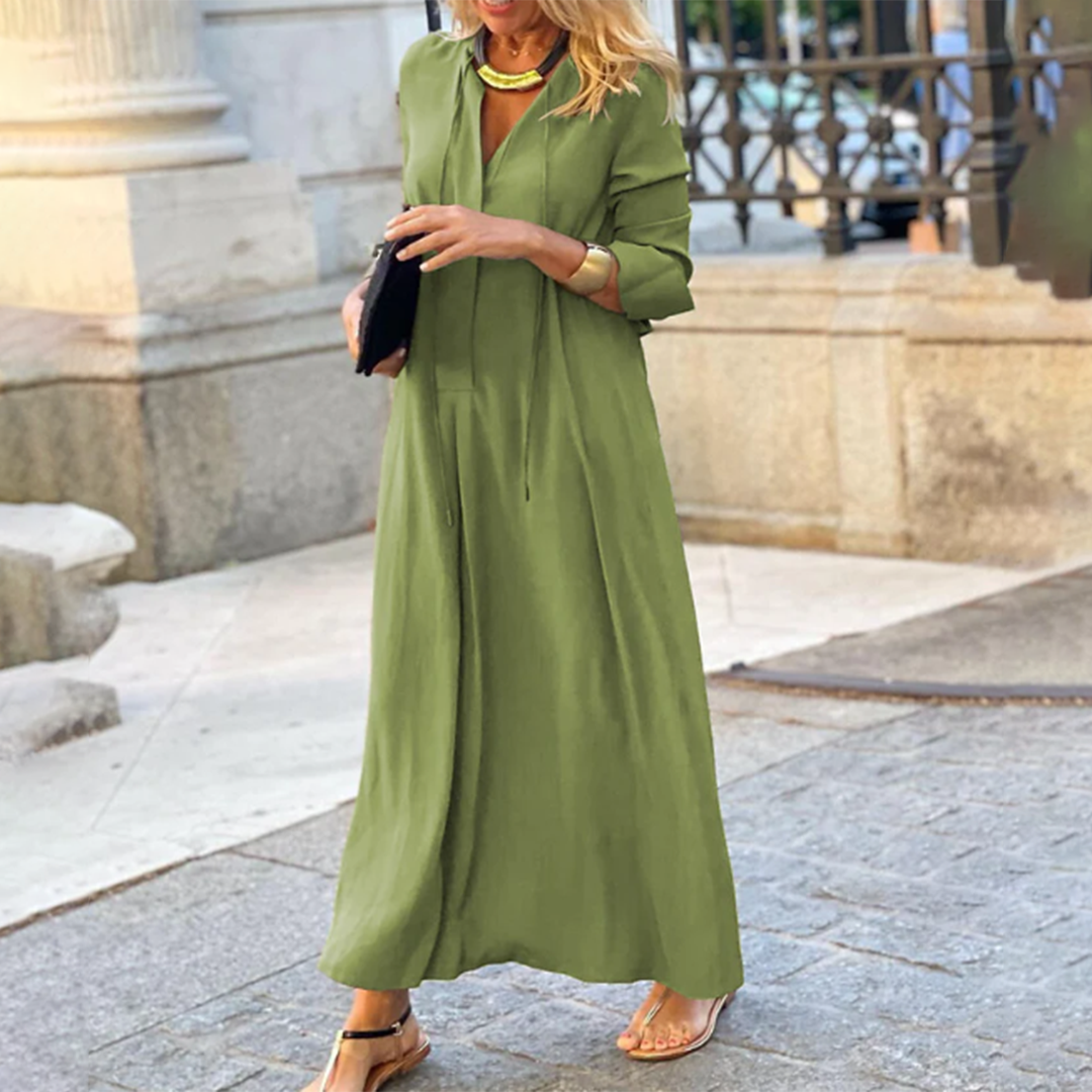 Robe Longue Chic Élégante à Manches Longues et Col V