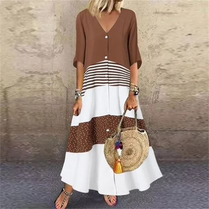 Robe Longue Ample Chic à Rayures avec Boutons Femme