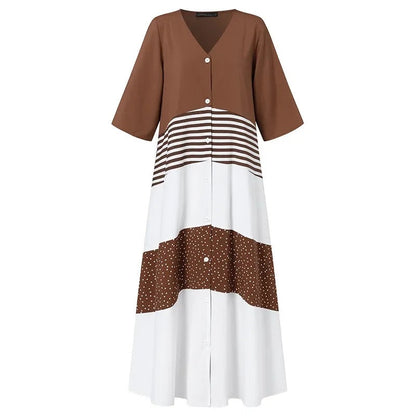 Robe Longue Ample Chic à Rayures avec Boutons Femme