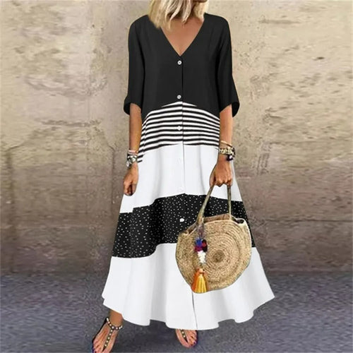 Robe Maxi à Rayures à Col V pour Femme