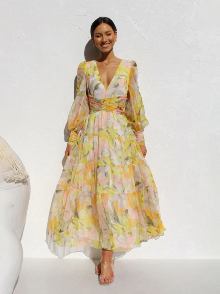 Robe Femme Gracieuse Col V En Chiffon Fleuri
