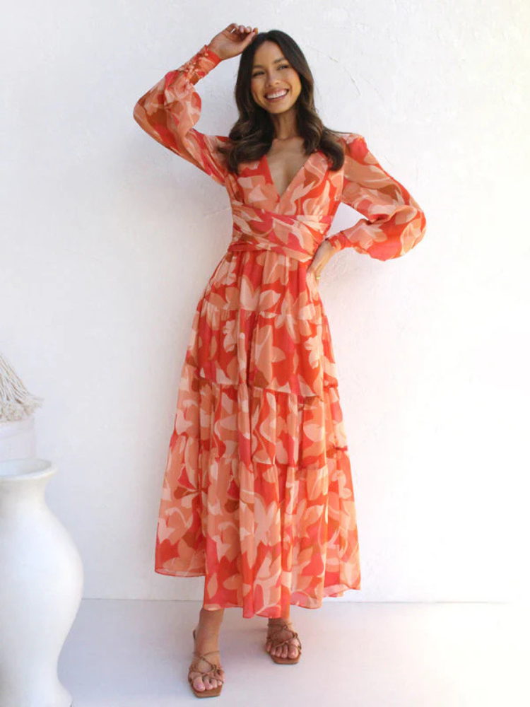 Robe Femme Gracieuse Col V En Chiffon Fleuri
