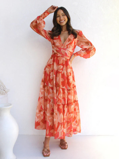 Robe Femme Gracieuse Col V En Chiffon Fleuri