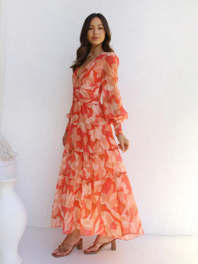 Robe Femme Gracieuse Col V En Chiffon Fleuri