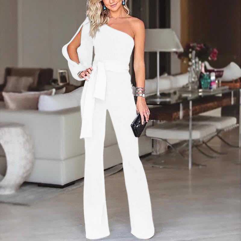 Combinaison Longue Elégante à Une Epaule avec Ceinture pour Femme