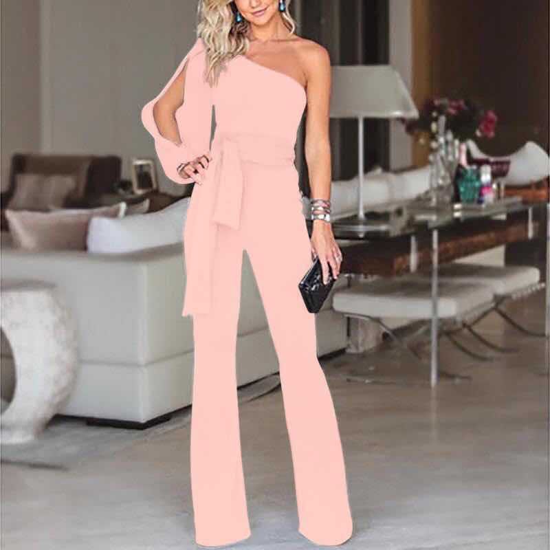 Combinaison Longue Elégante à Une Epaule avec Ceinture pour Femme