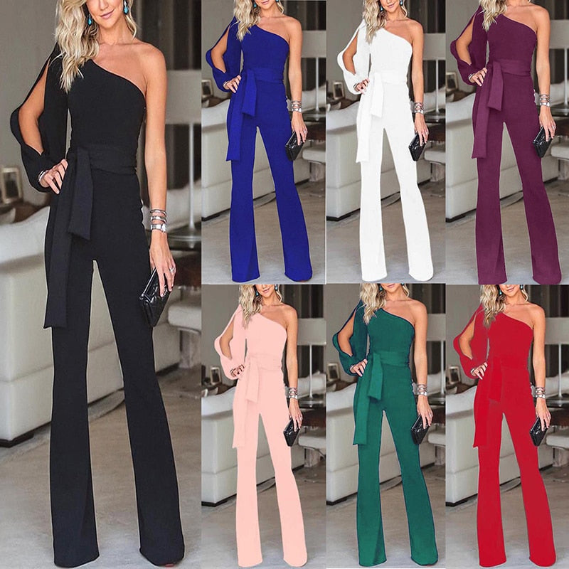 Combinaison Longue Elégante à Une Epaule avec Ceinture pour Femme