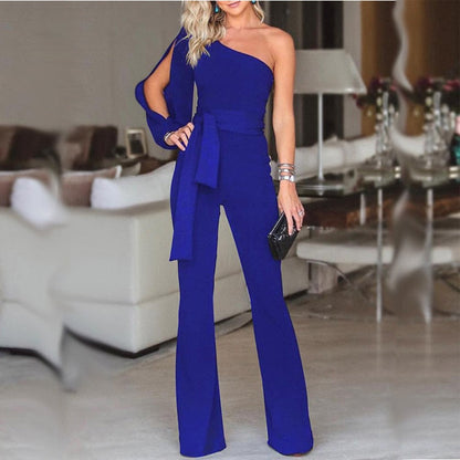Combinaison Longue Elégante à Une Epaule avec Ceinture pour Femme