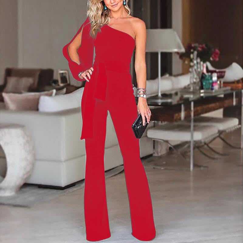 Combinaison Longue Elégante à Une Epaule avec Ceinture pour Femme