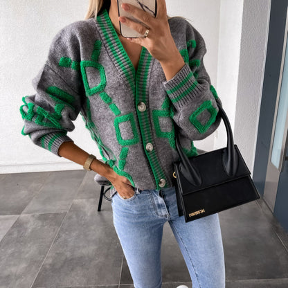 Aliza™ - Cardigan Tricot à Col V et Contrasté