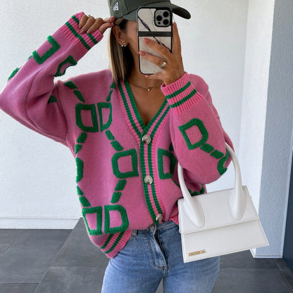 Aliza™ - Cardigan Tricot à Col V et Contrasté