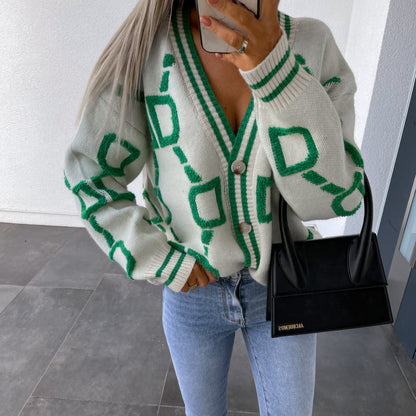 Aliza™ - Cardigan Tricot à Col V et Contrasté