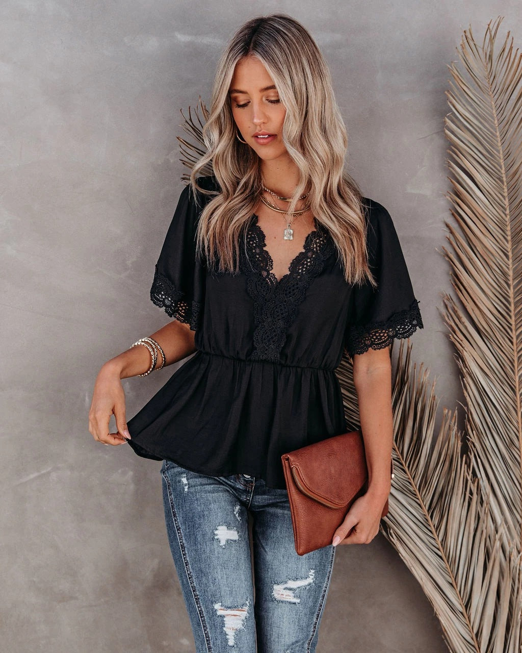 pull à manches courtes et encolure en V chemise en dentelle top décontracté uni