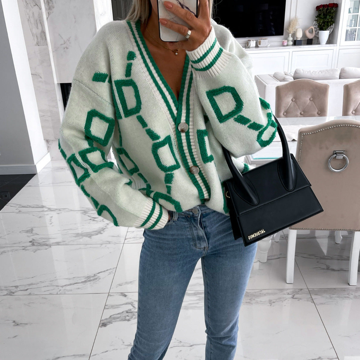 Aliza™ - Cardigan Tricot à Col V et Contrasté