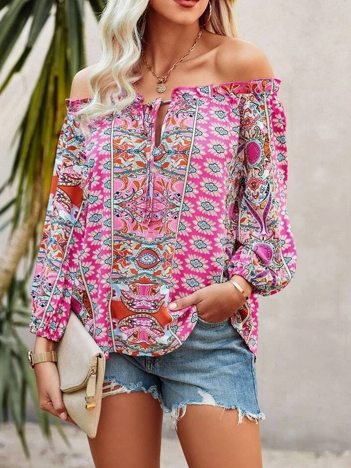 Chemise bohème à fleurs imprimée sur les épaules avec volants