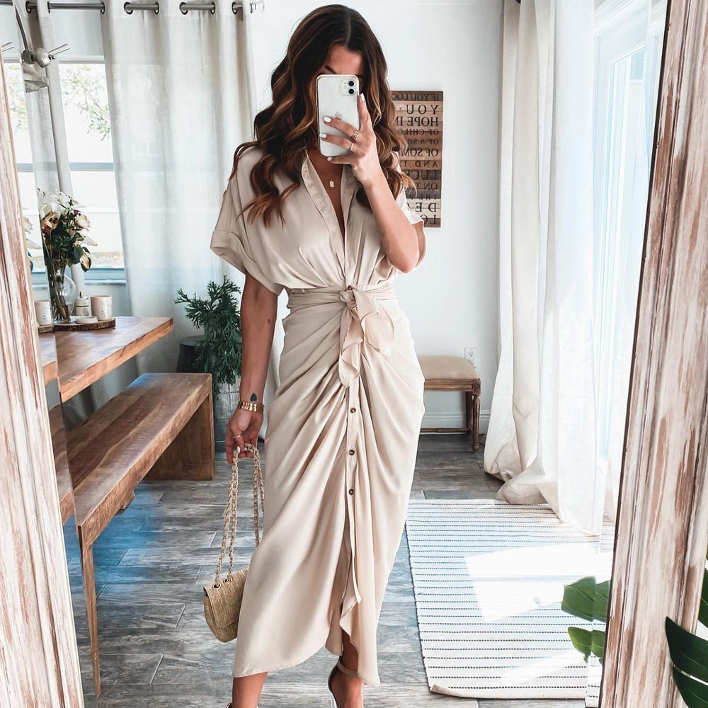 Robe Longue Portefeuille Boutonnée Sophistiquée Pour Femme