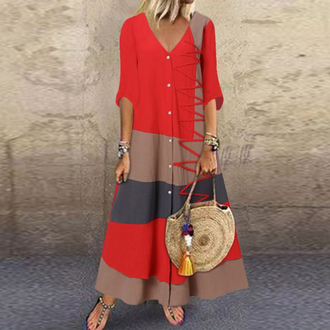 Robe Longue Rayée Chic À Boutons Et Manches Longues Pour Femme