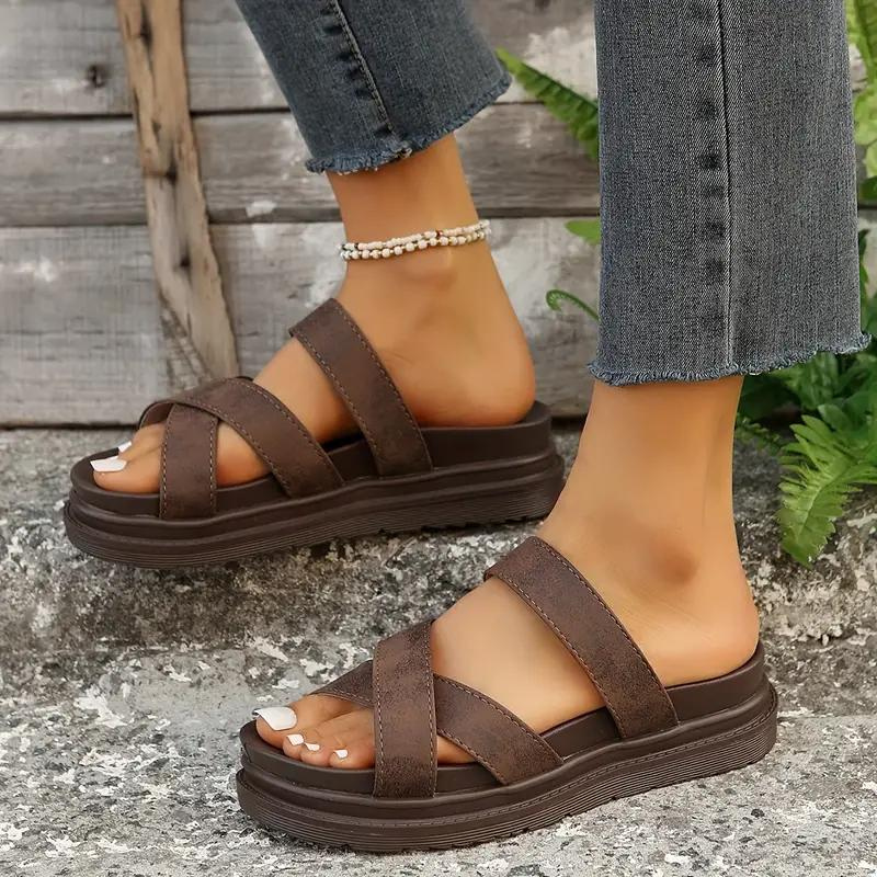 Sandales Compensées À Brides En Cuir Élégantes Pour Femmes
