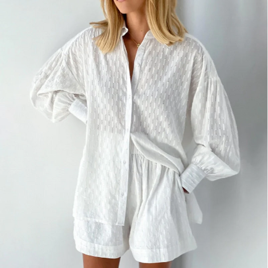 Ensemble Chemise à Manches Longues et Shorts Ample pour Femmes