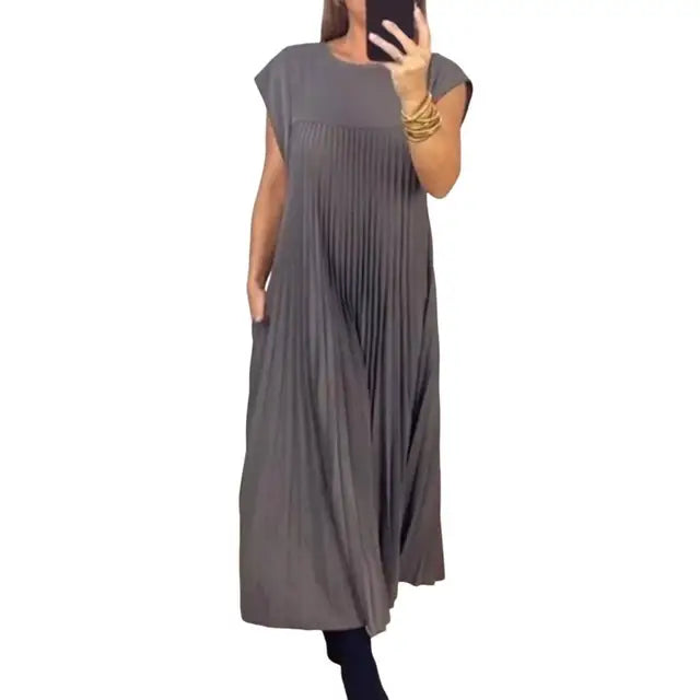 Robe Unie Plissée Sans Manches