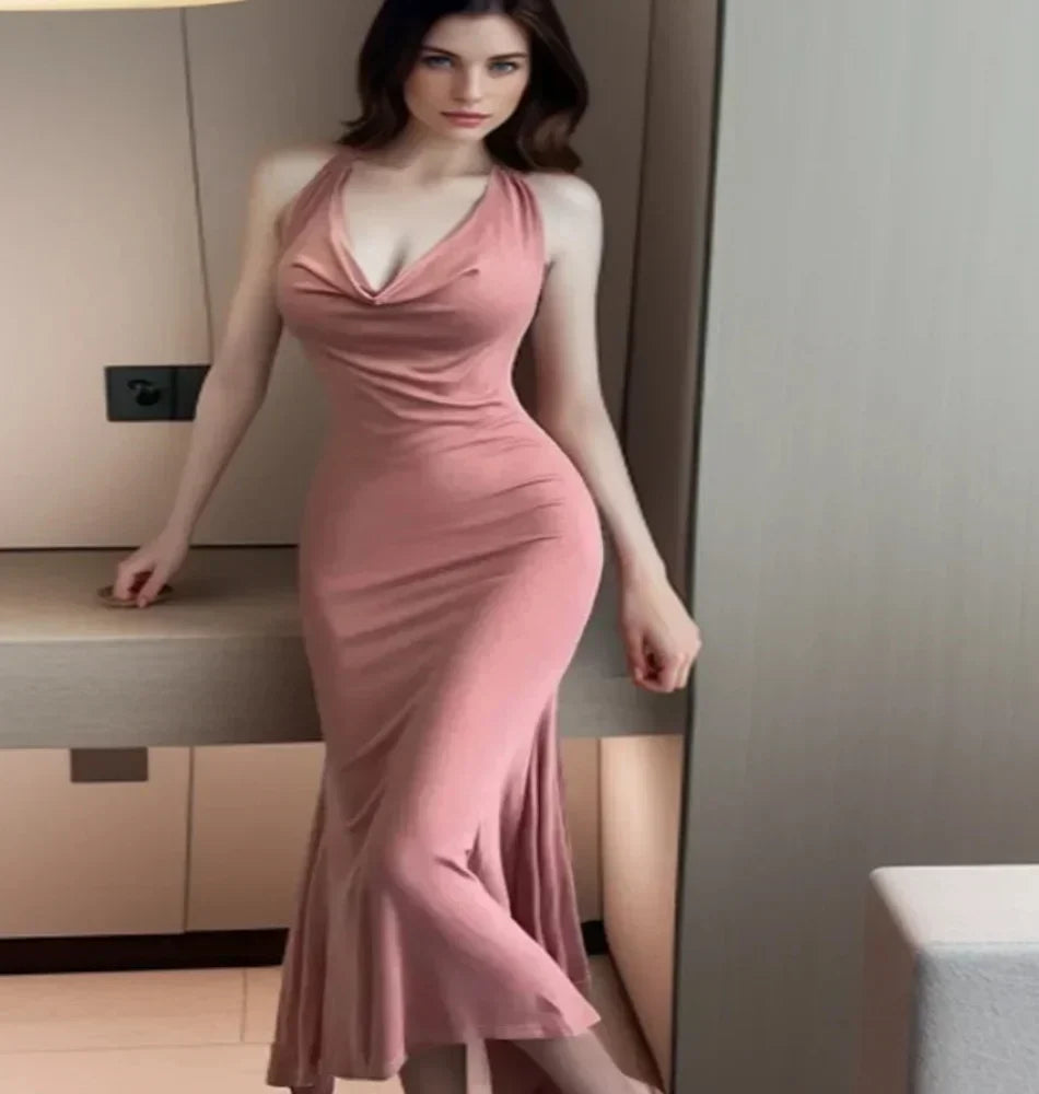 Robe Fluide Sans Manches Évasée à Col Bénitier Pour Femme