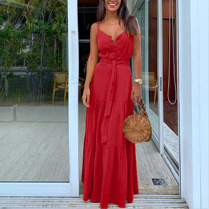 Robe Sans Manches À Col En V Mi Boutonnée Chic Pour Femme