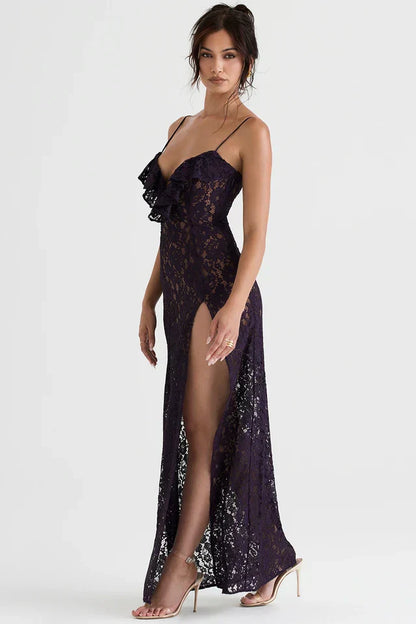 Robe Féminine Fluide à Volants Dentelle Fendue Col V