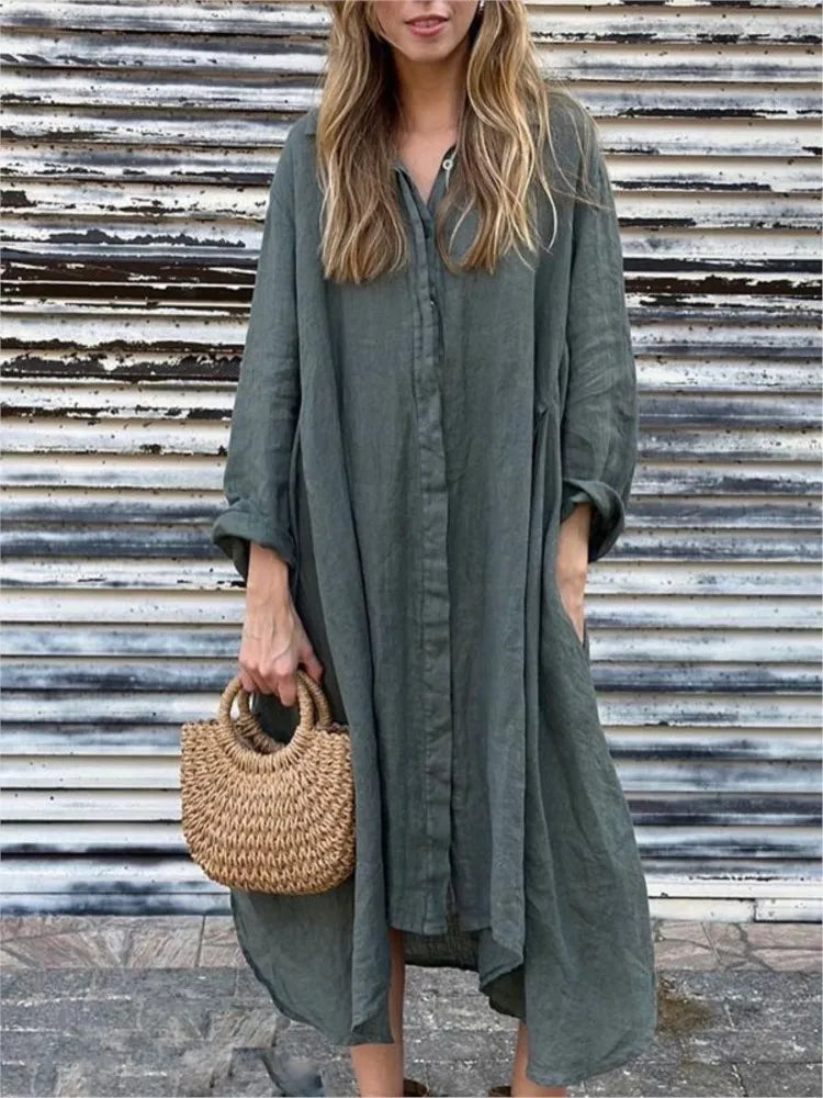 Robe Chemise Ample à Manches Longues en Chanvre et Coton 2025