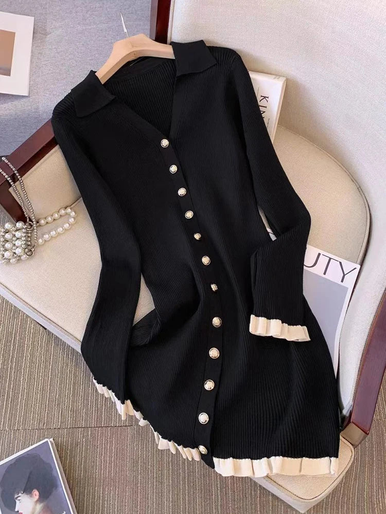 Robe En Maille Boutonnée À Manches Longues Chic Femme