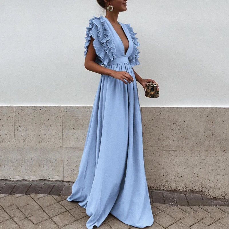 Robe Longue Col V Ouvert Manches Superposées Femme