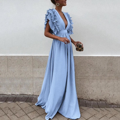 Robe Longue Col V Ouvert Manches Superposées Femme