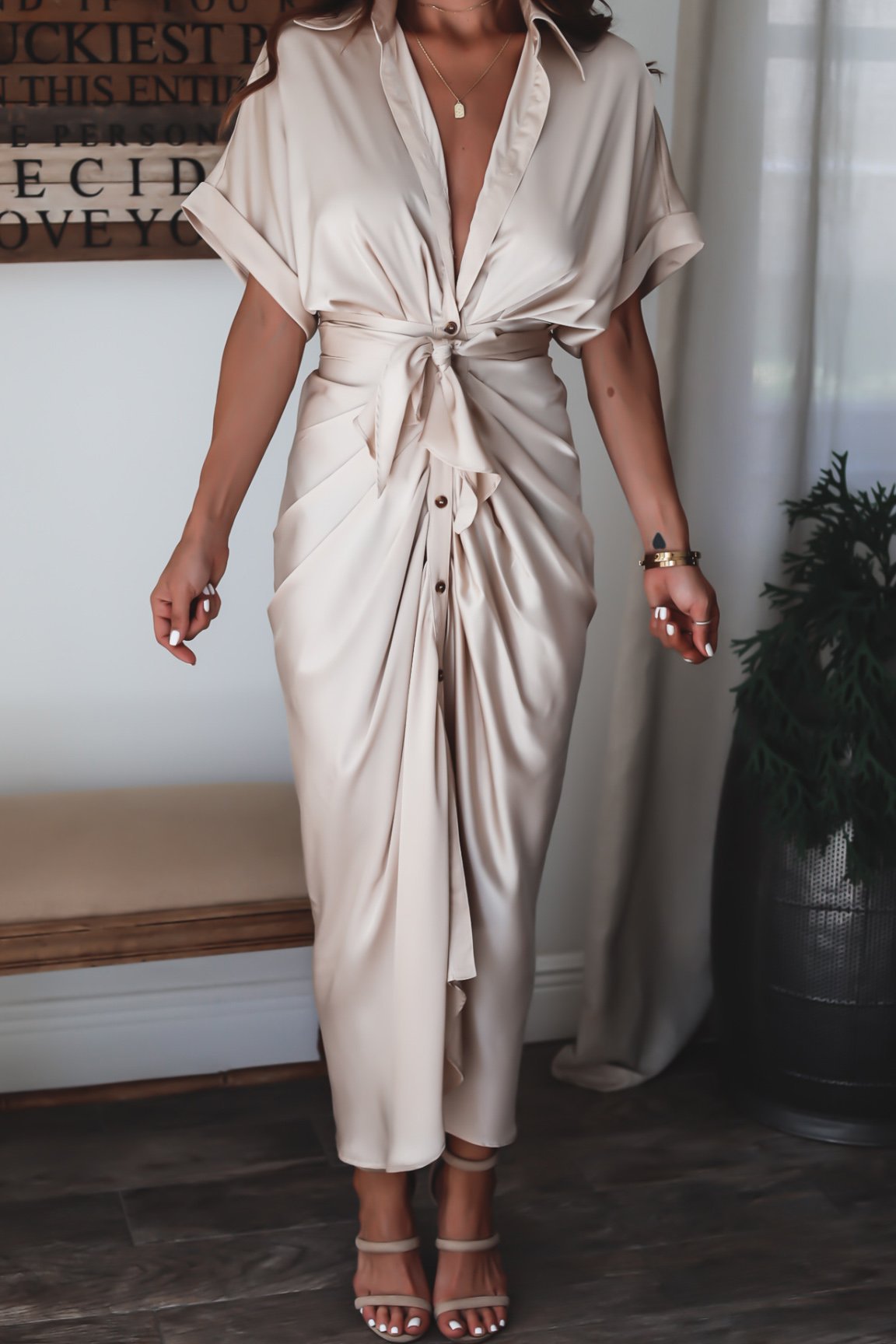 Robe Longue Portefeuille Boutonnée Sophistiquée Pour Femme