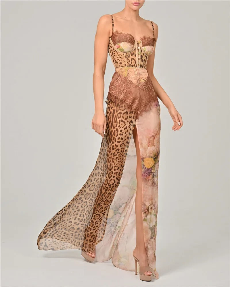 Élodie Lavin® | Robe Bustier Imprimée Panthère Et Dentelle Vintage