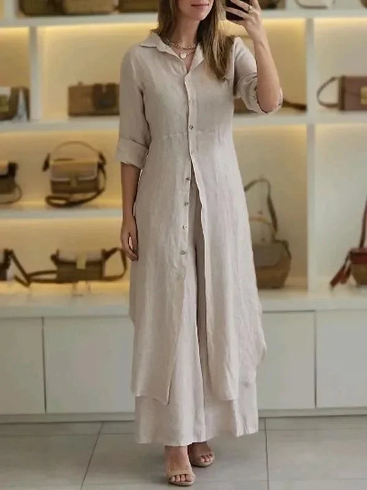 Bresina™ - Ensemble en lin élégant robe chemise longue et pantalon fluide
