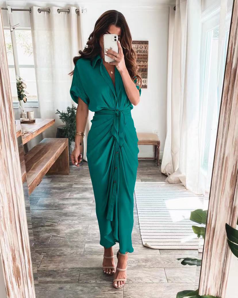 Robe Longue Portefeuille Boutonnée Sophistiquée Pour Femme