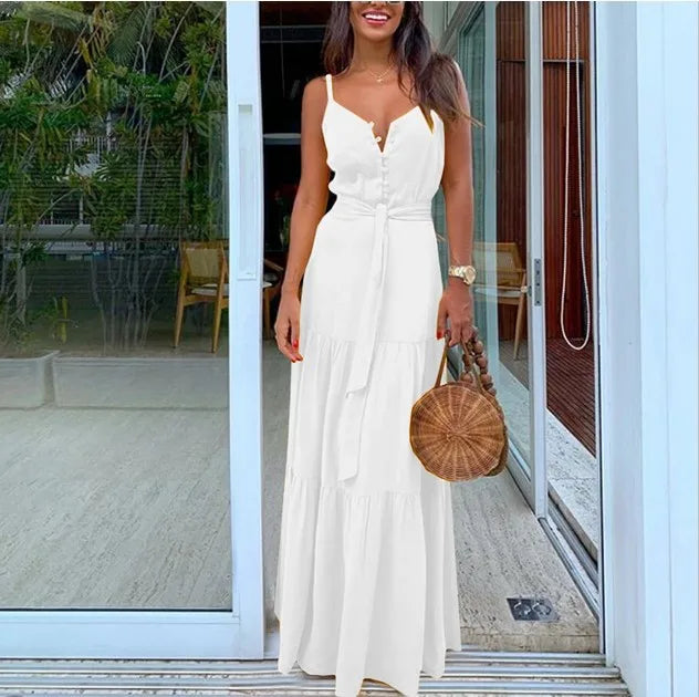 Robe Sans Manches À Col En V Mi Boutonnée Chic Pour Femme