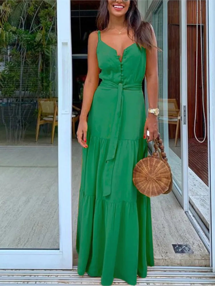 Robe Sans Manches À Col En V Mi Boutonnée Chic Pour Femme