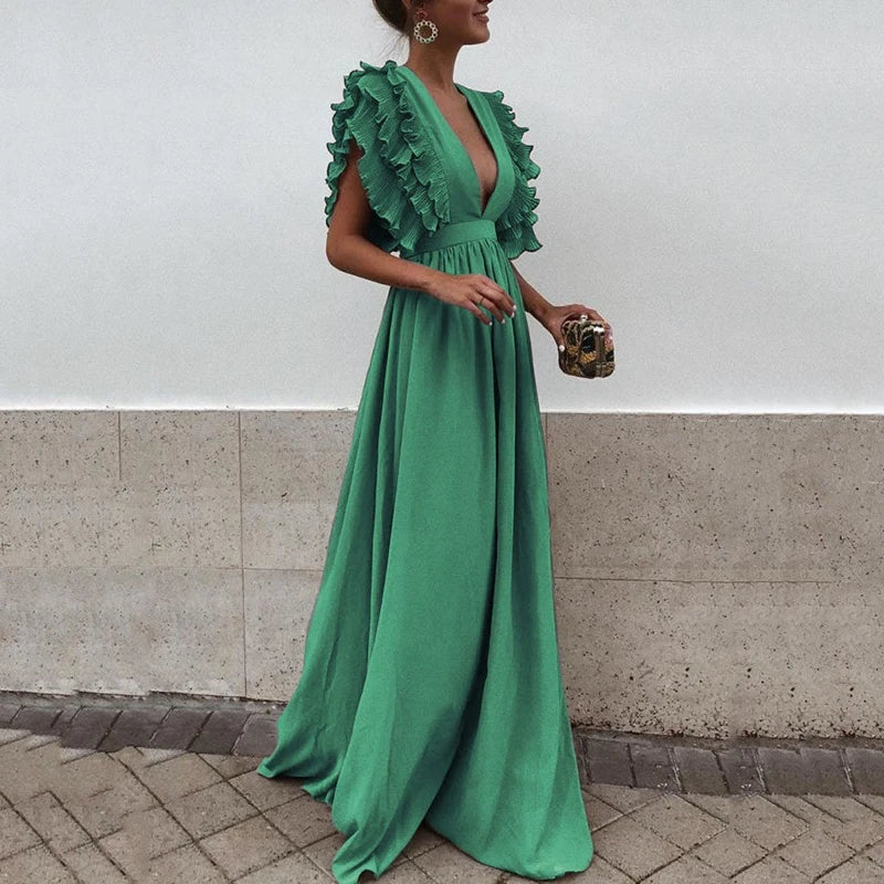 Robe Longue Col V Ouvert Manches Superposées Femme