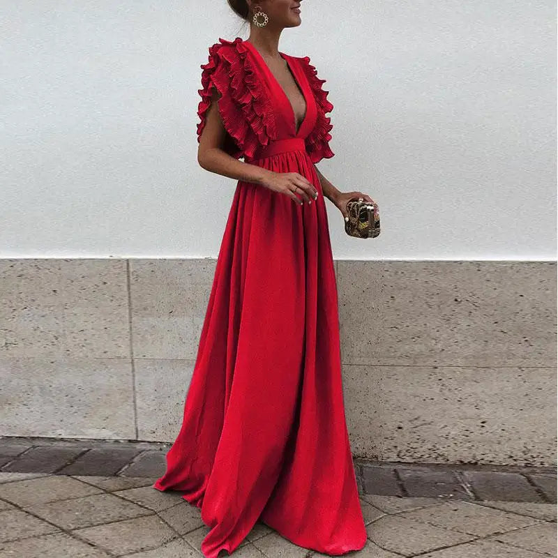 Robe Longue Col V Ouvert Manches Superposées Femme