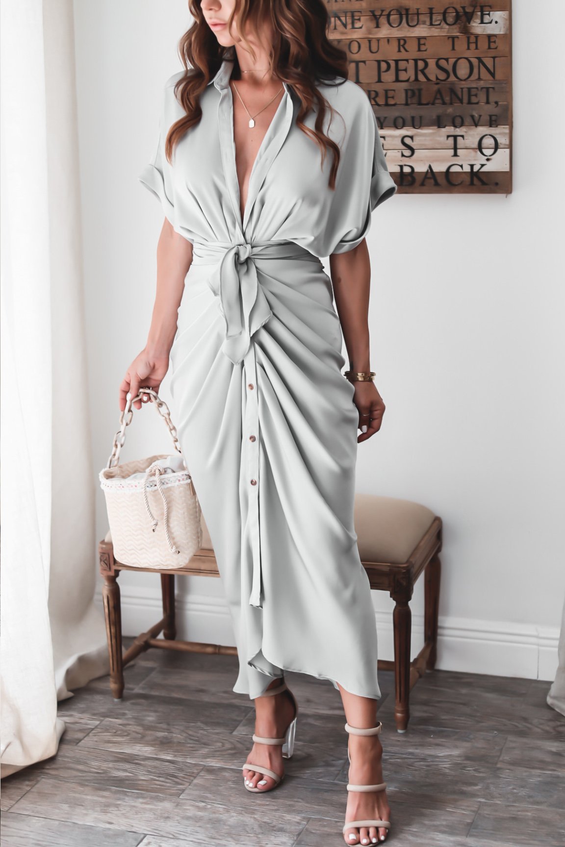 Robe Longue Portefeuille Boutonnée Sophistiquée Pour Femme