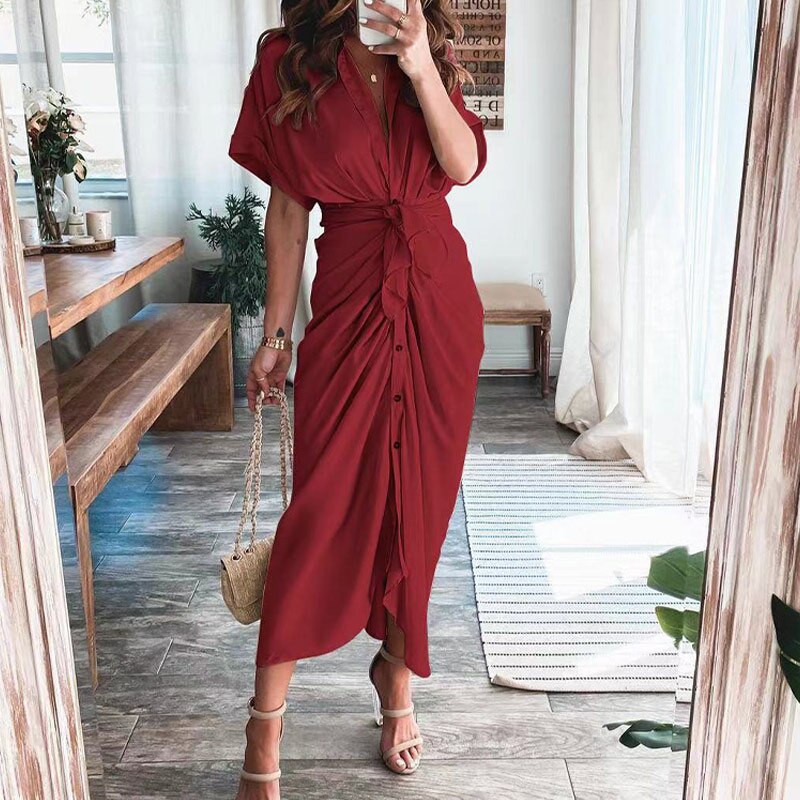 Robe Longue Portefeuille Boutonnée Sophistiquée Pour Femme