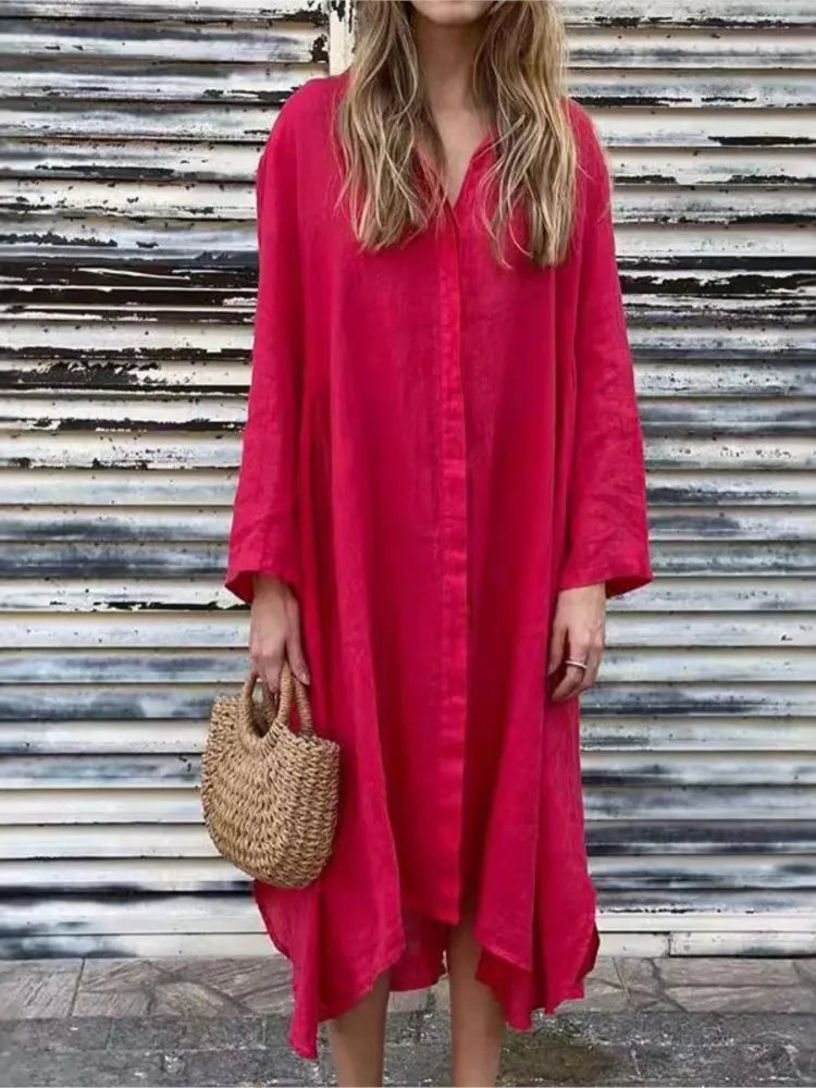 Robe Chemise Ample à Manches Longues en Chanvre et Coton 2025