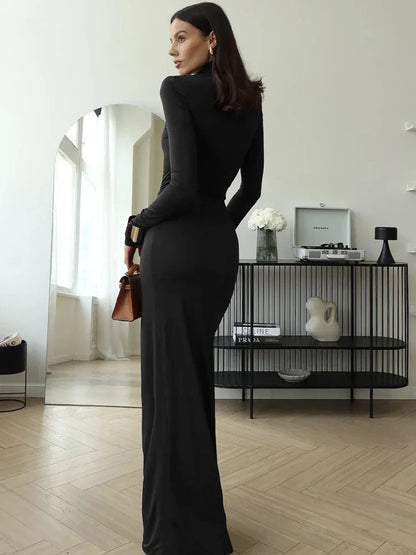 Robe Longue Portefeuille À Manches Longues Col Rond Sophistiquée Femme