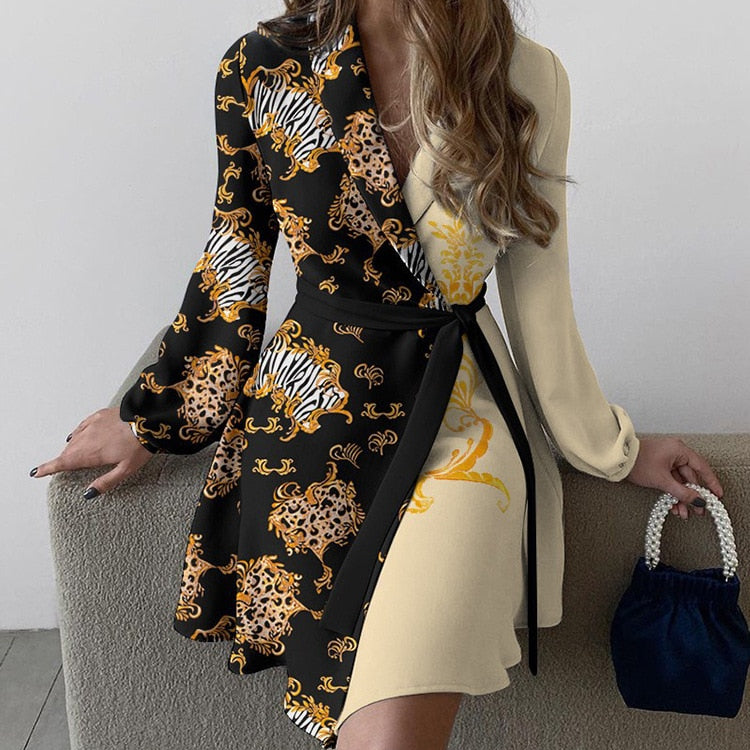Robe Évasée Portefeuille à Manches Longues avec Nœud pour Femme