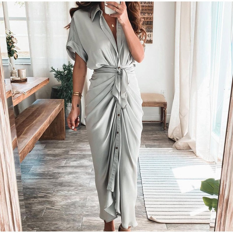 Robe Longue Portefeuille Boutonnée Sophistiquée Pour Femme