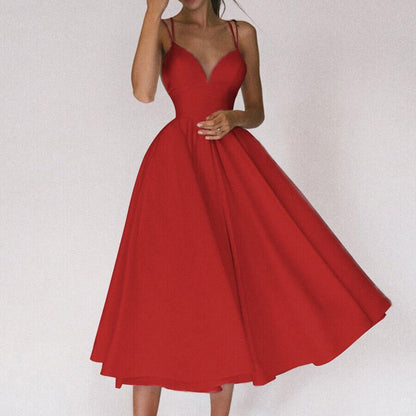 Robe Midi Évasée Sans Manches À Col V Sophistiquée Femme