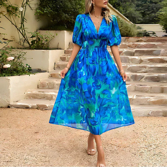 Robe midi moderne à fleurs pour femmes avec manches bouffantes courtes