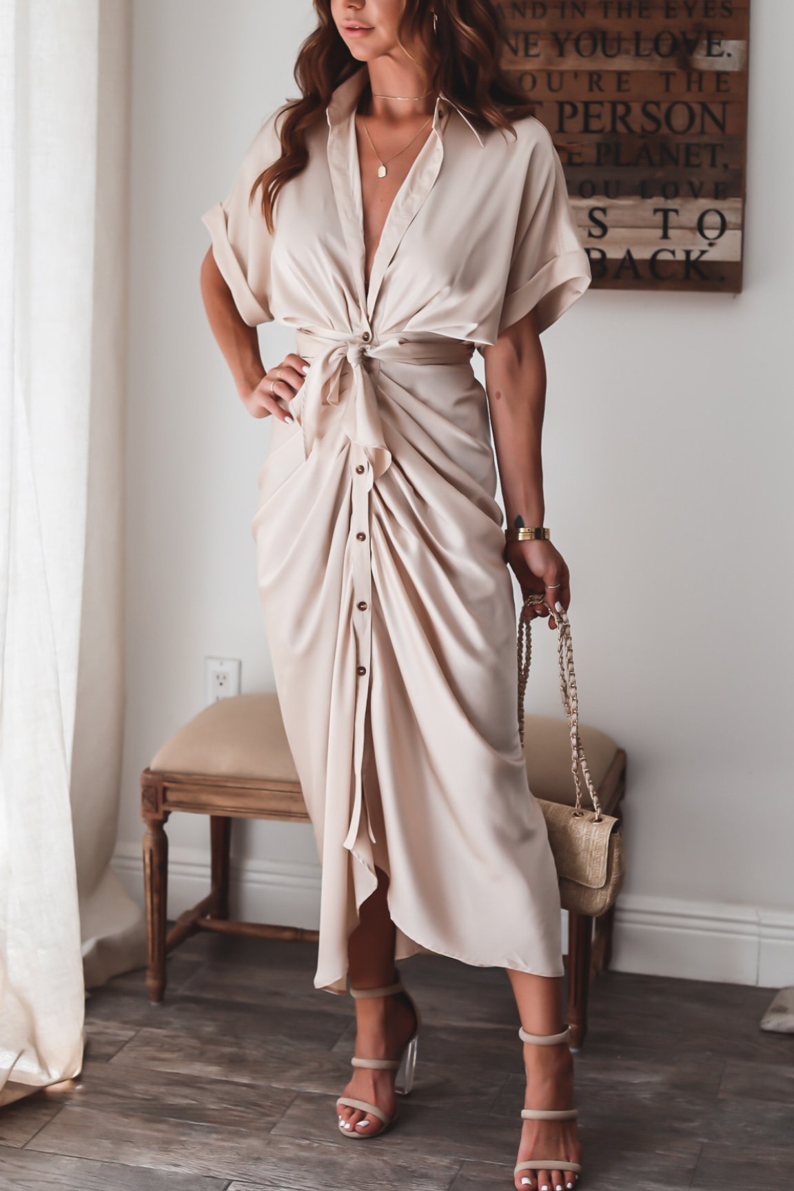 Robe Longue Portefeuille Boutonnée Sophistiquée Pour Femme